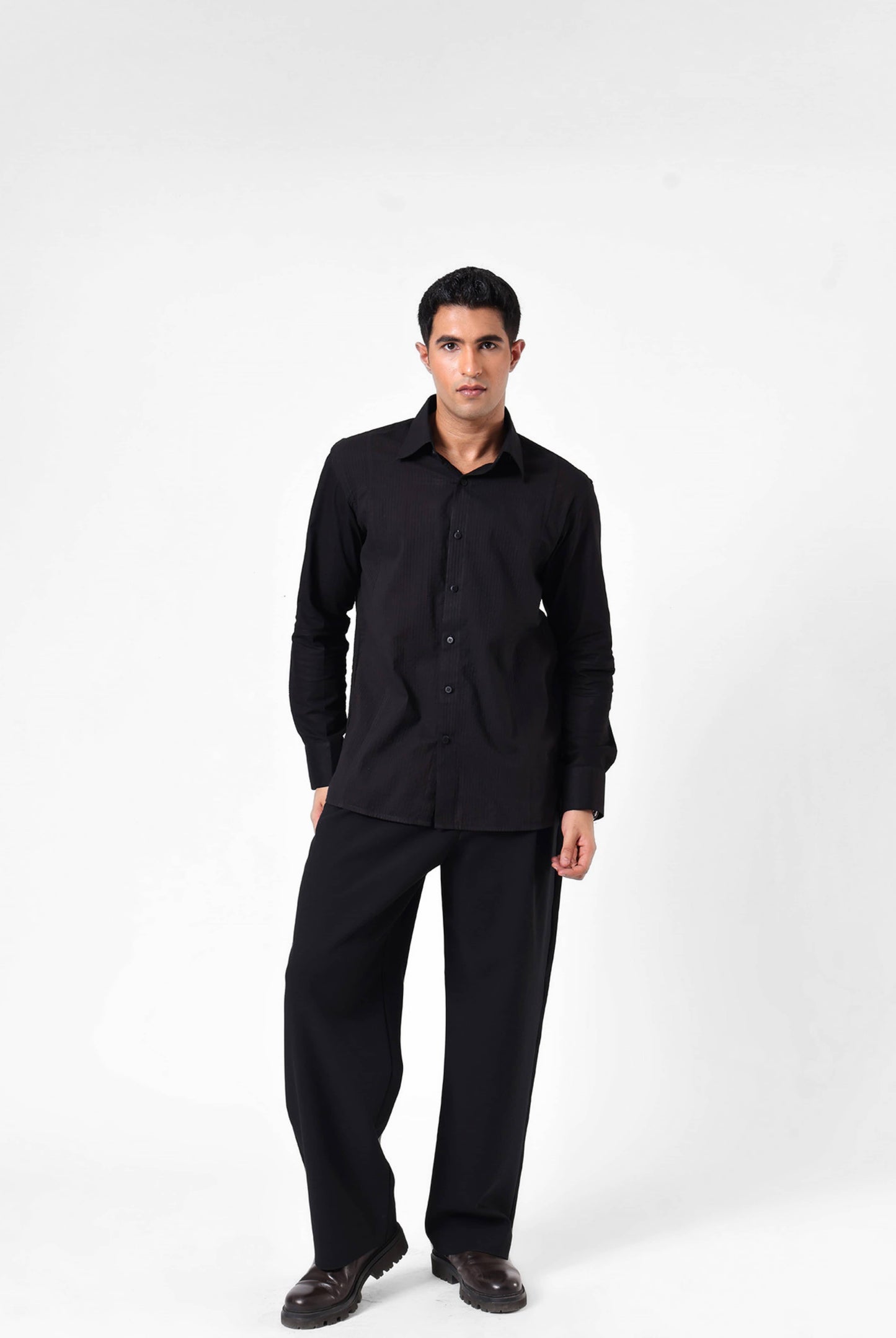 Black Panelled Seersucker Shirt