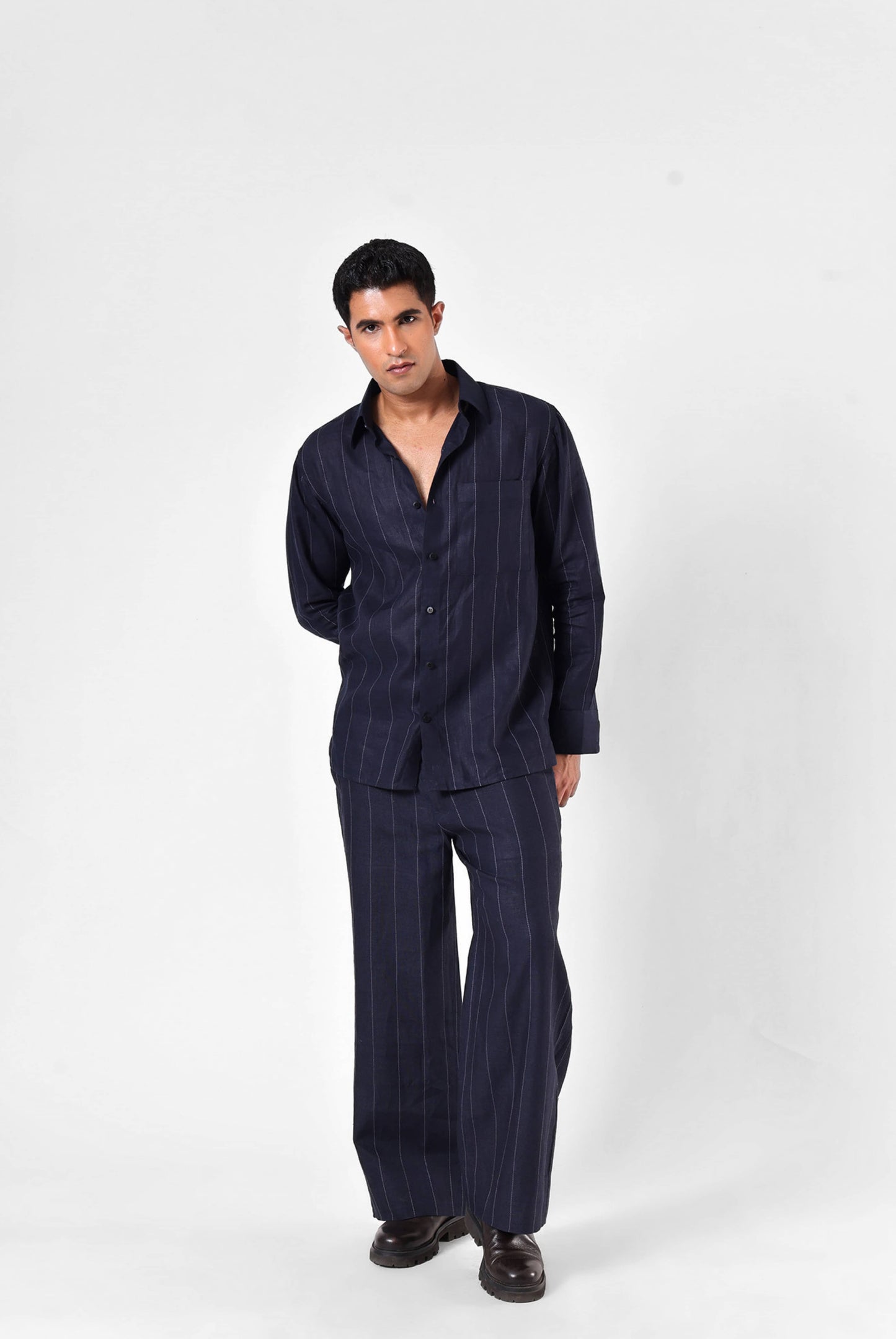 Navy Linework Shirt Set in Linen