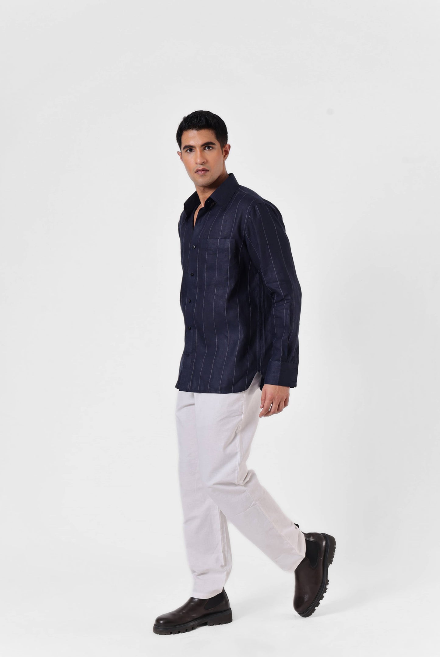 Navy Linework Linen Shirt