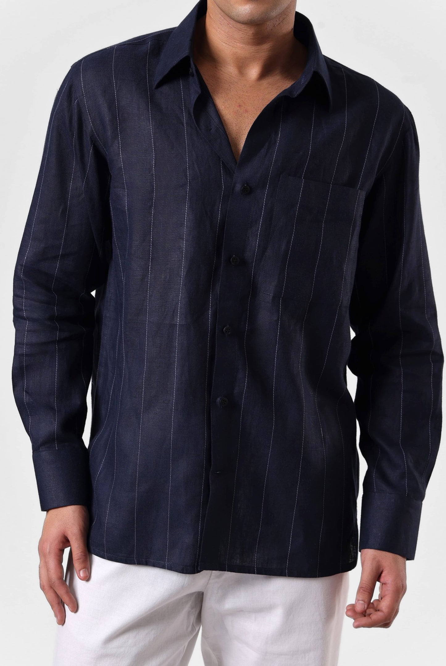 Navy Linework Linen Shirt