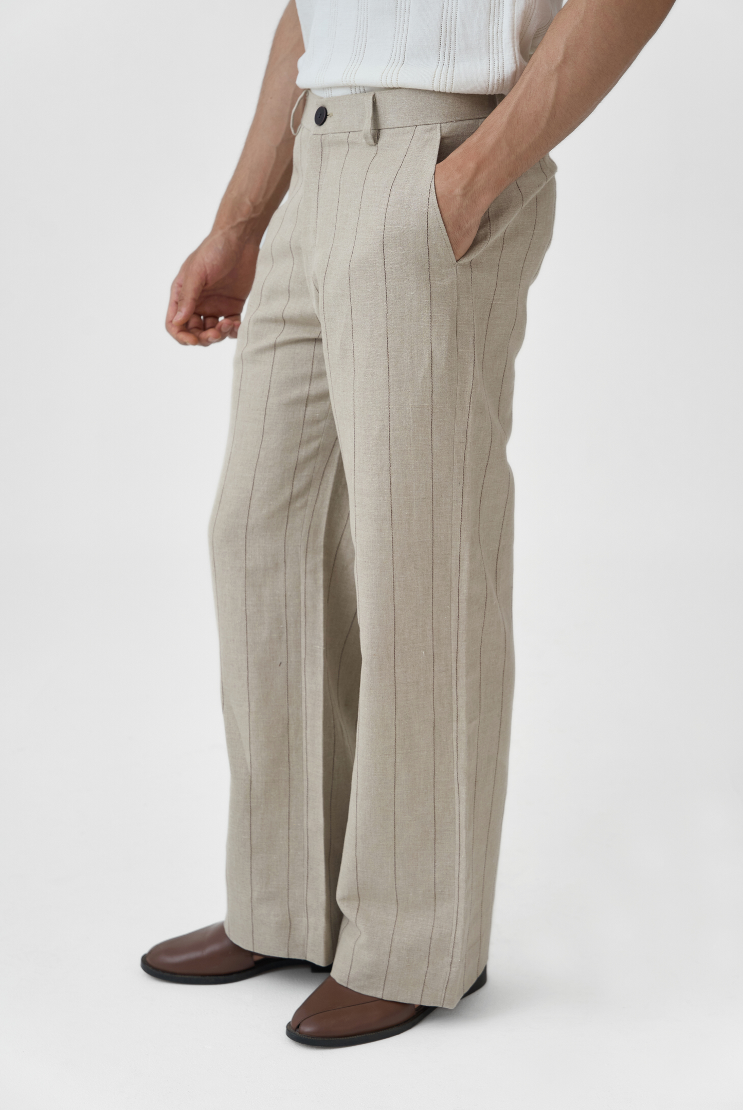 Beige Linework Linen Pants