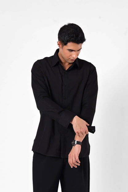 Black Panelled Seersucker Shirt