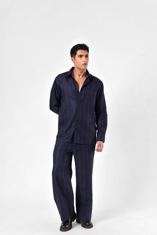 Navy Linework Shirt Set in Linen