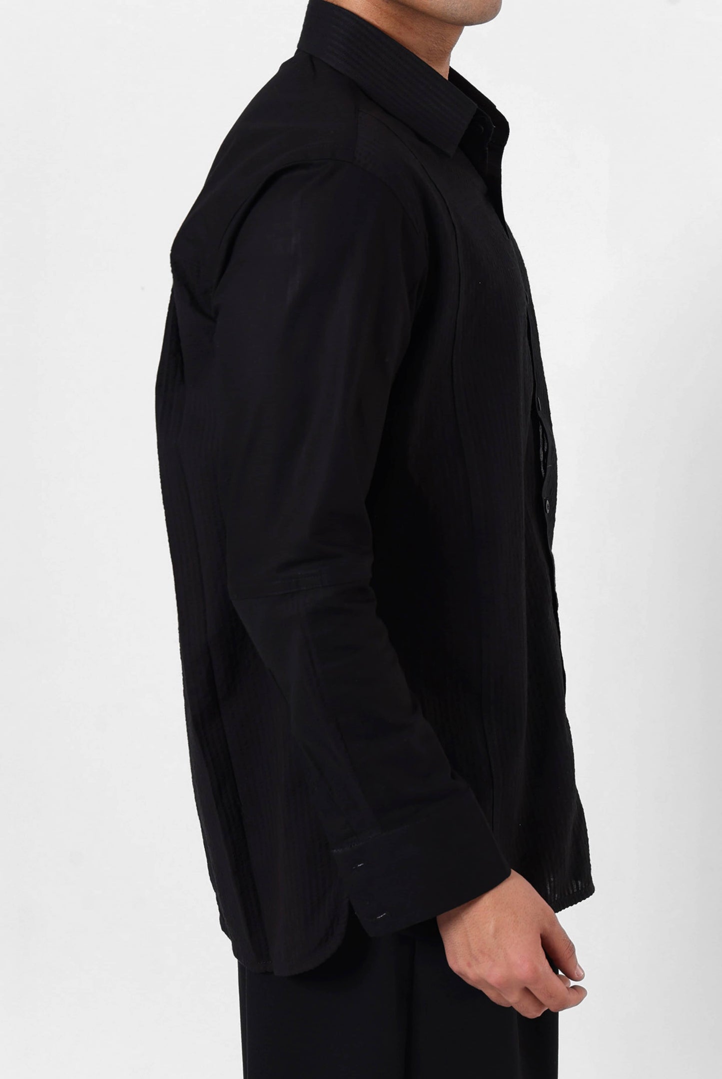 Black Panelled Seersucker Shirt
