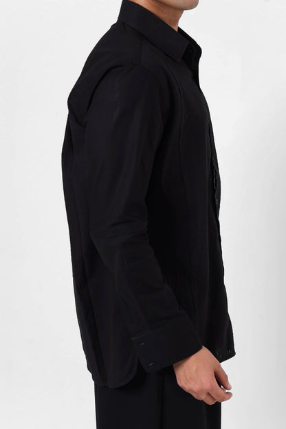 Black Panelled Seersucker Shirt