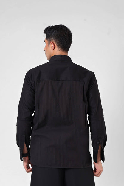 Black Panelled Seersucker Shirt