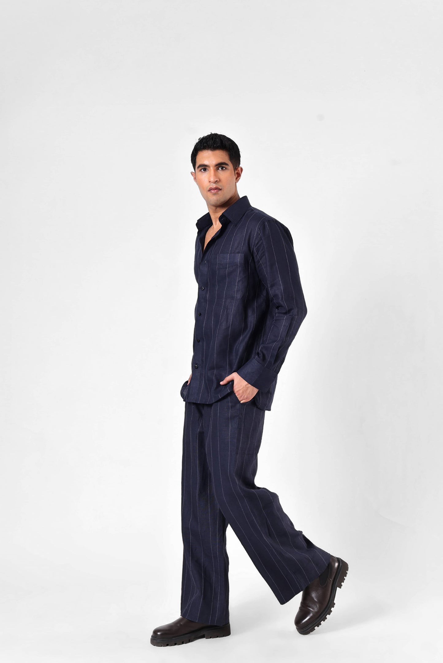 Navy Linework Shirt Set in Linen