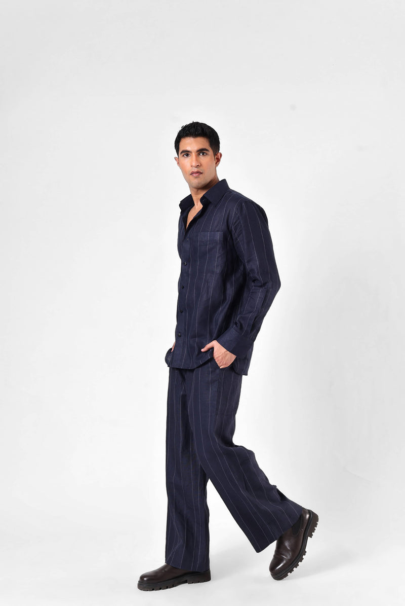 Navy Linework Shirt Set in Linen