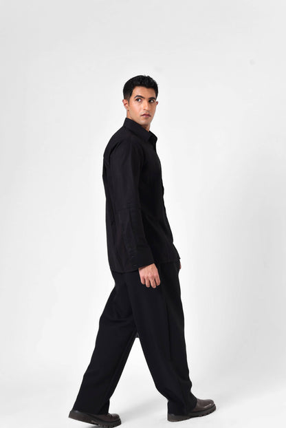 Black Panelled Seersucker Shirt