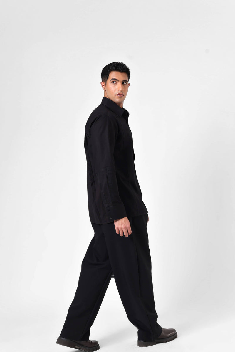 Black Panelled Seersucker Shirt