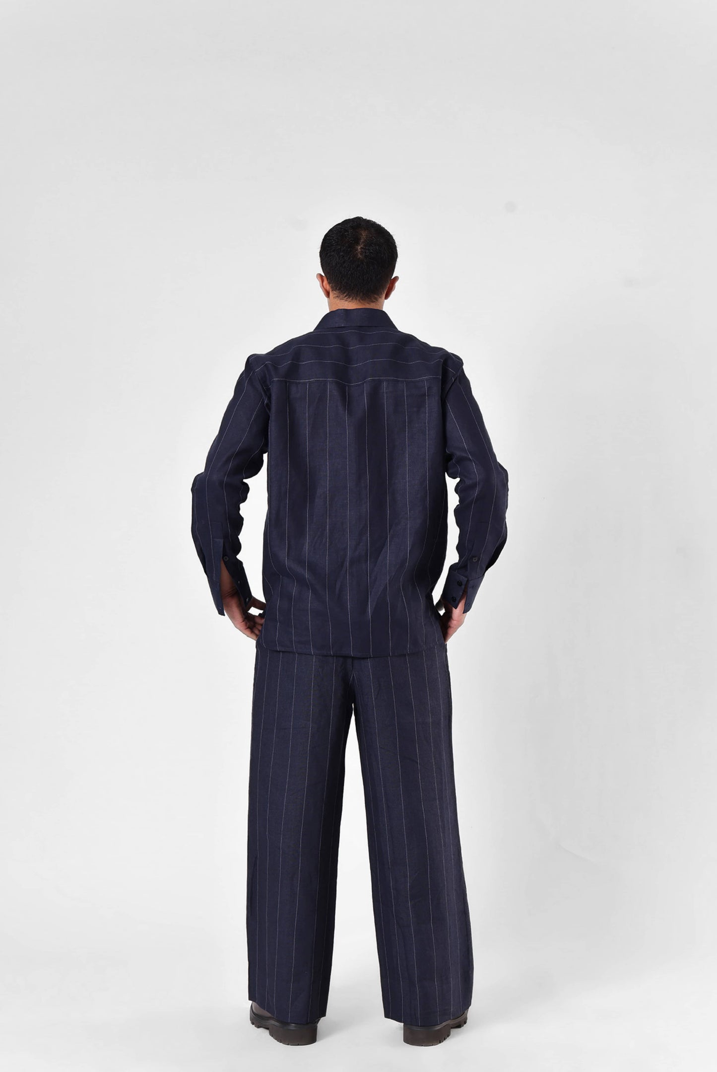 Navy Linework Shirt Set in Linen