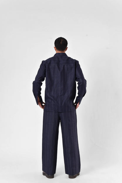 Navy Linework Shirt Set in Linen