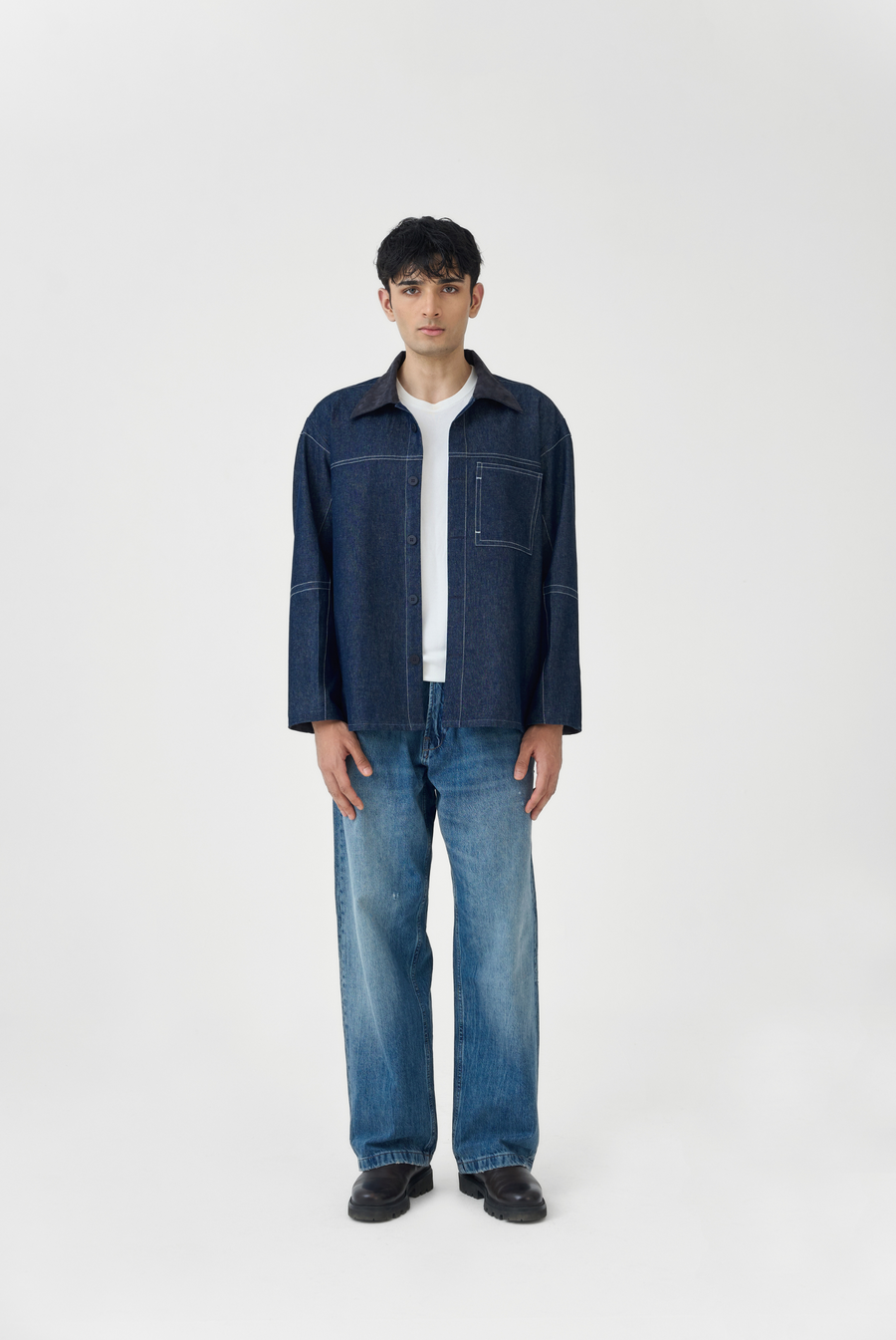 Denim Overshirt with Suede Collar