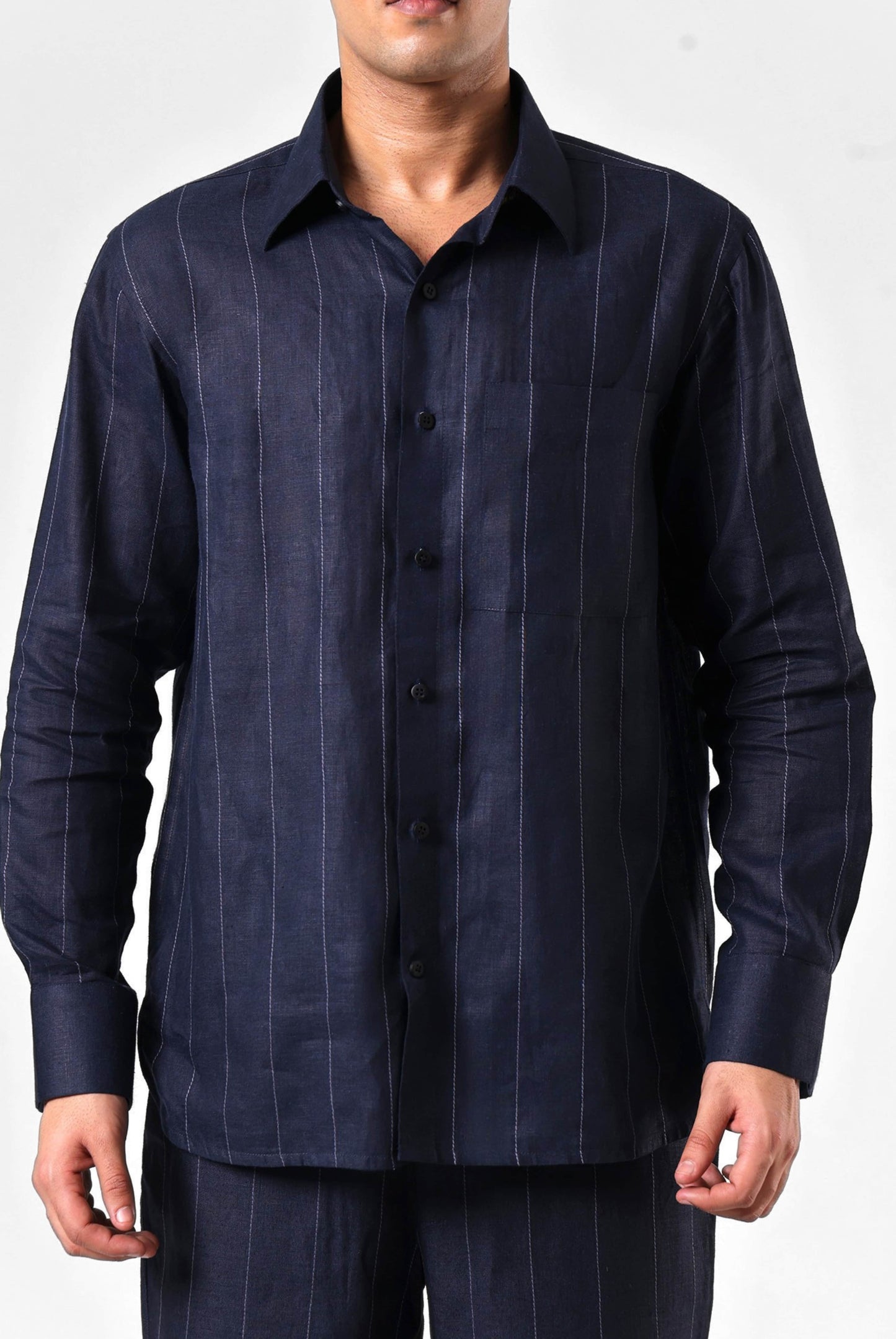 Navy Linework Shirt Set in Linen
