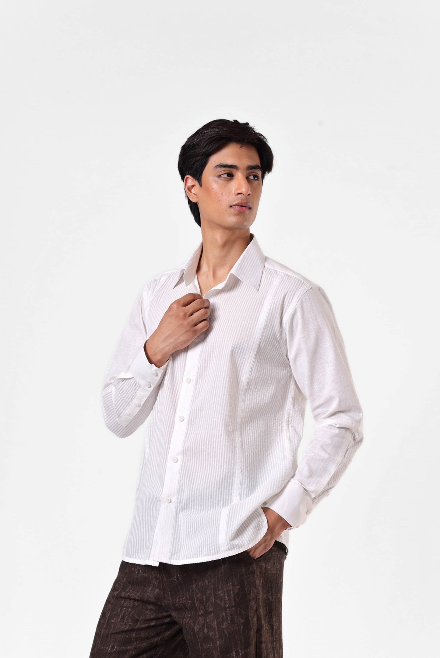 White Panelled Seersucker Shirt