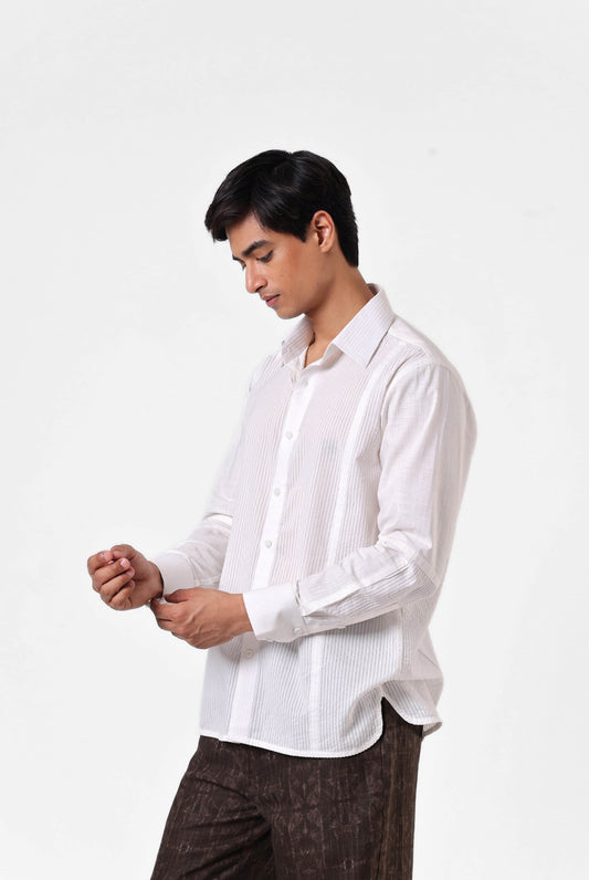 White Panelled Seersucker Shirt
