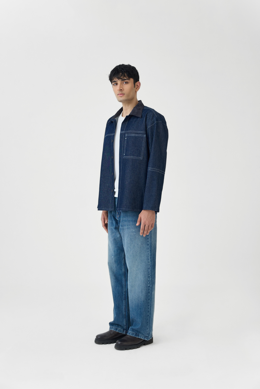 Denim Overshirt with Suede Collar