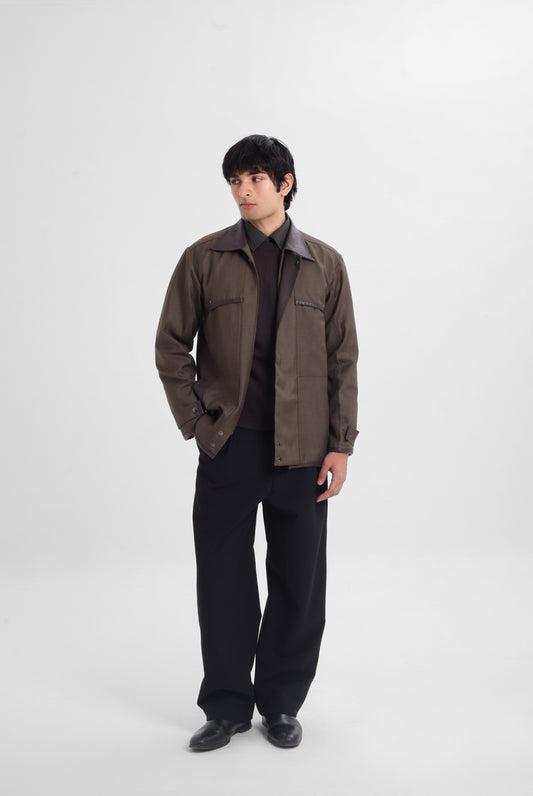 Olive Jacket with Contrast Leather