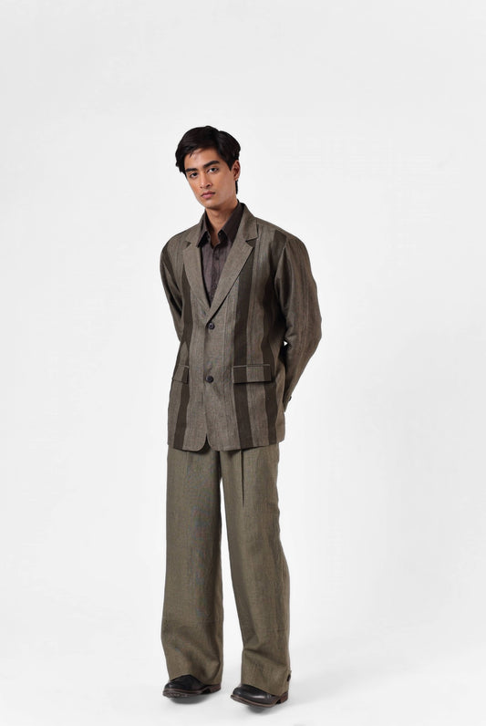 Olive Panelled Blazer Set in Linen