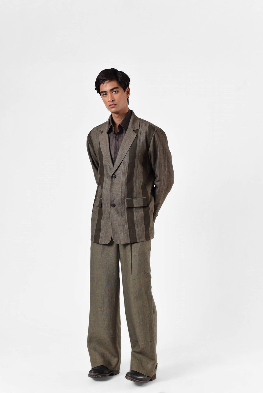 Olive Panelled Blazer Set in Linen