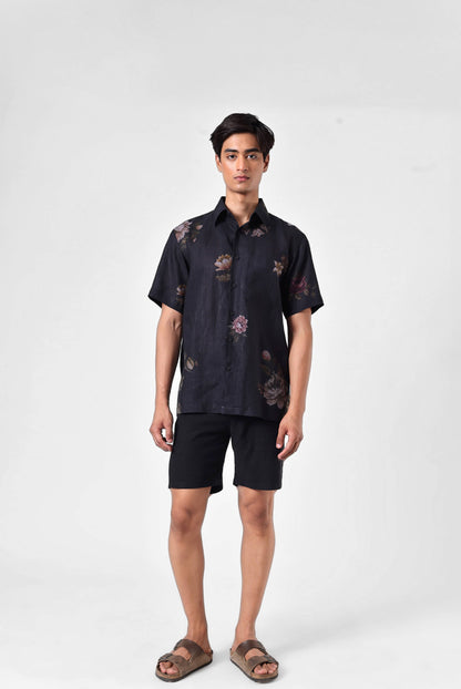 Garden Linen Shirt in Black - Short Sleeve