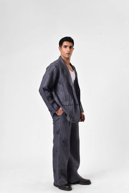 Charcoal Etch Panelled Blazer in Linen