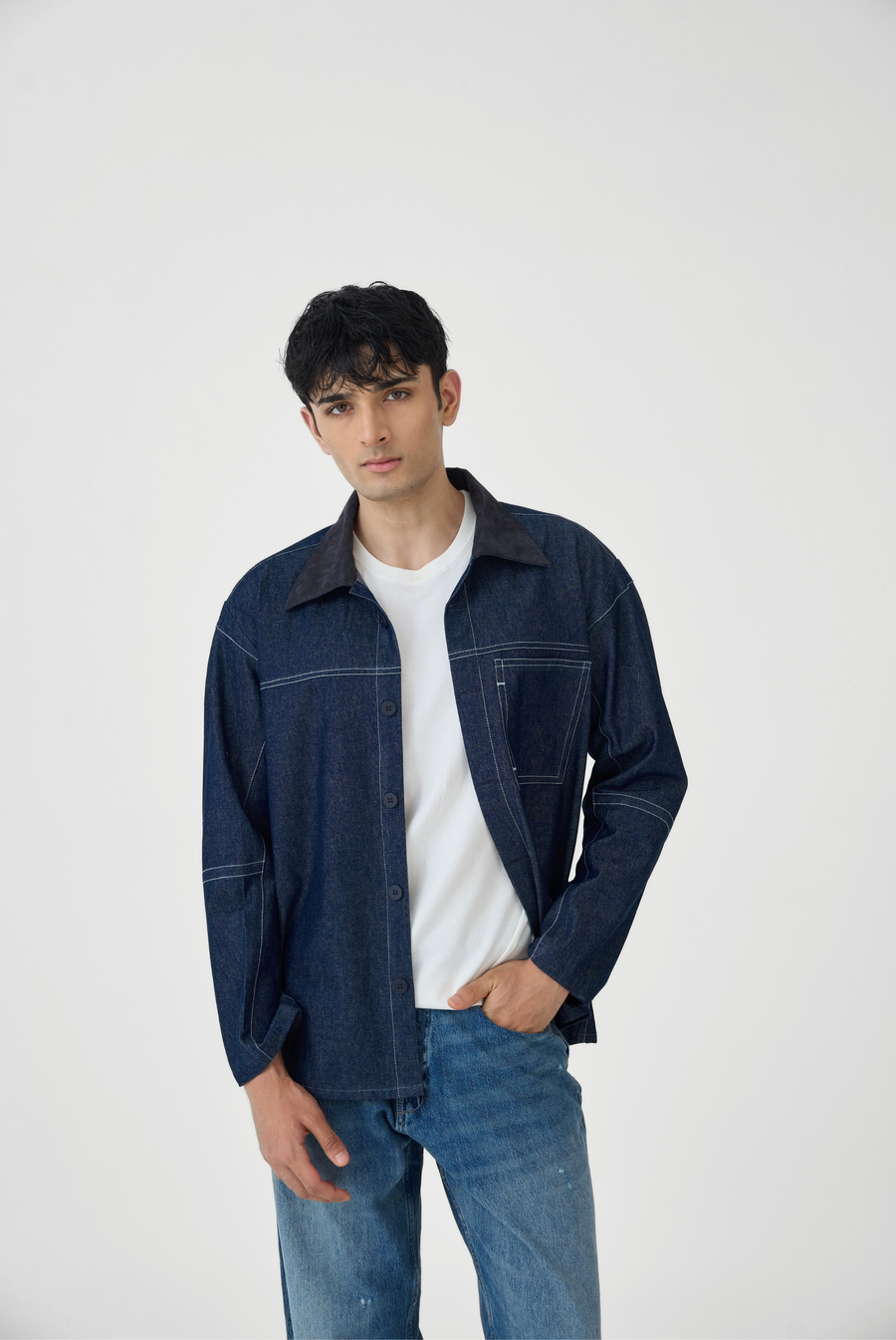 Denim Overshirt with Suede Collar