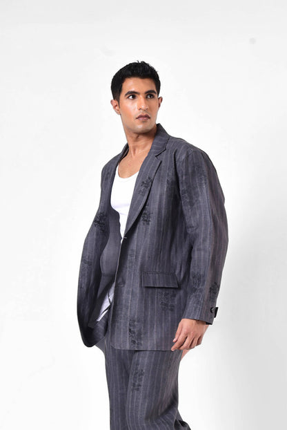 Charcoal Etch Panelled Blazer in Linen
