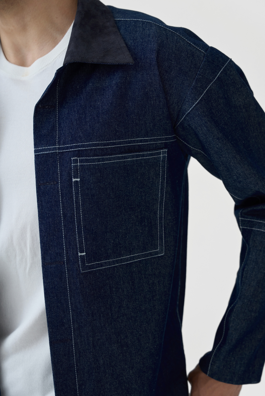 Denim Overshirt with Suede Collar