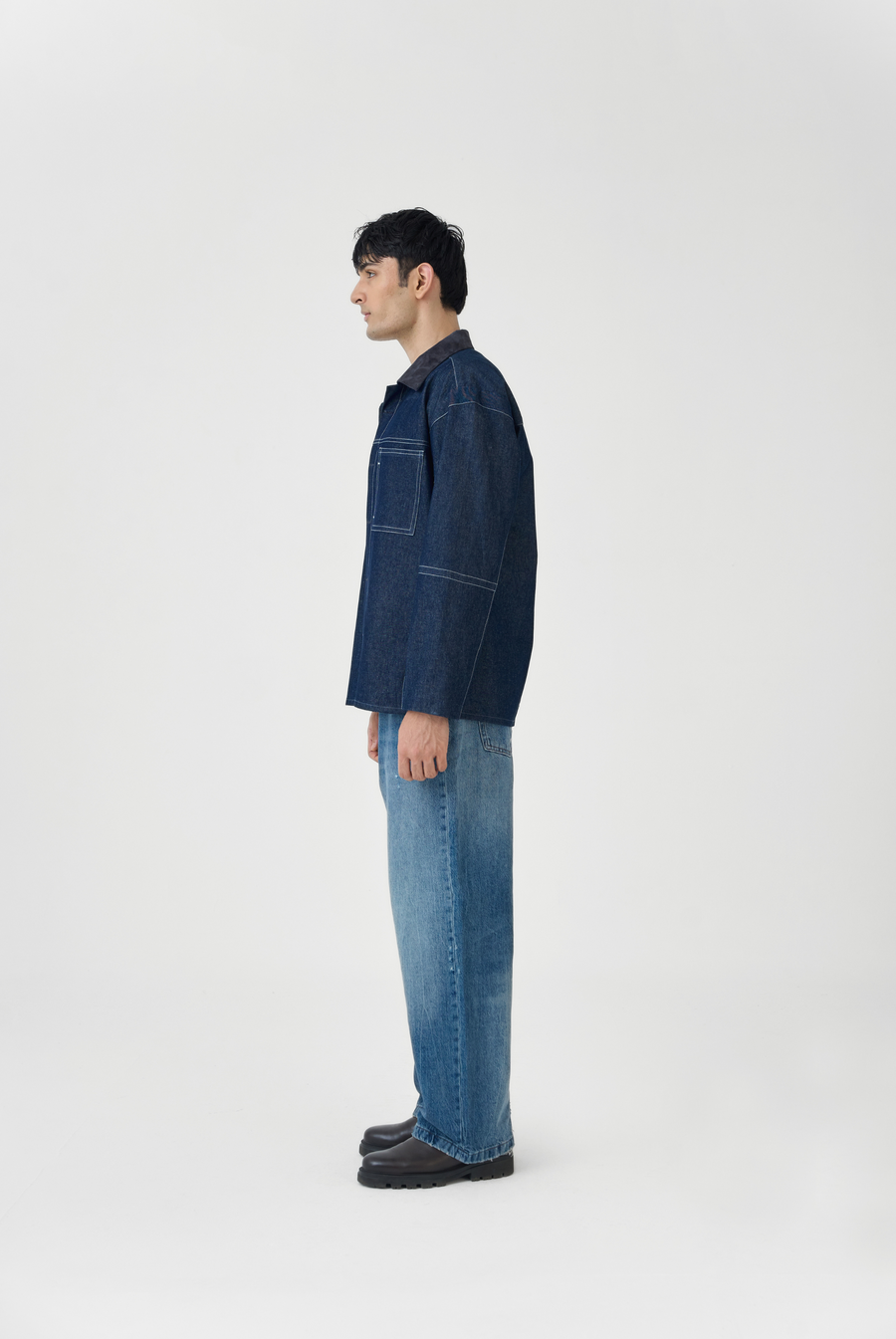 Denim Overshirt with Suede Collar